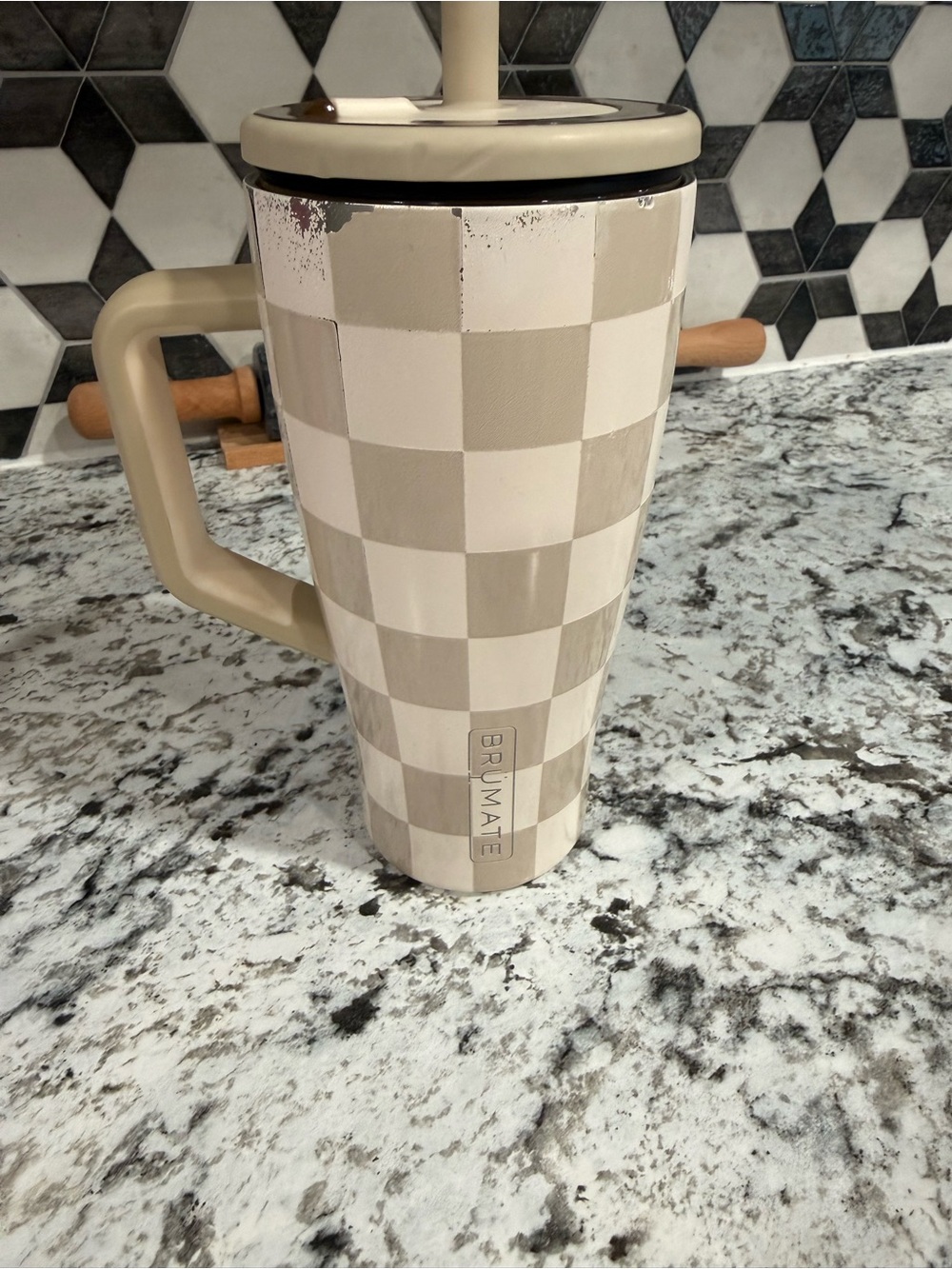 Brumate Beige Checkered Travel Mug with Handle